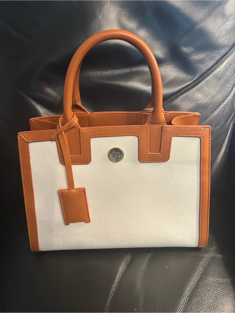 Jennifer Moore beige and Tan Canvas Tote Bag with Faux Leather Trim